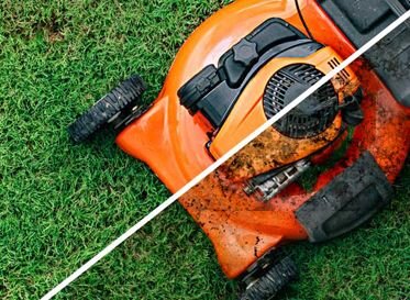 Orangefarbener Rasenmäher auf Rasenfläche, Bild diagonal geteilt in saubere und verschmutzte Gerätehälfte.