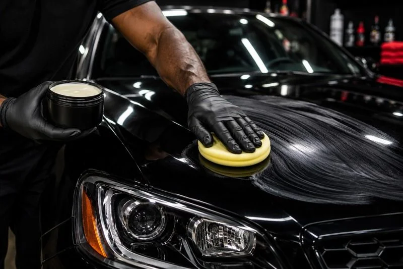 Detailer applying paint protection to a glossy black car hood with a microfiber towel