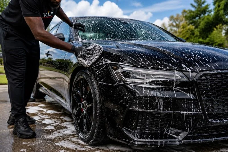 Glossy black sports car after a premium exterior hand wash and detail in Baton Rouge