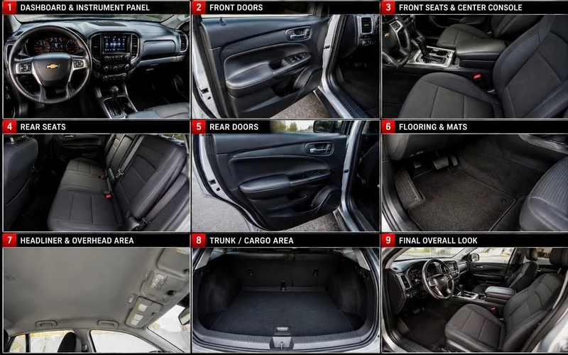 Before and after interior detailing results showing floors, seats, door panels and console transformed