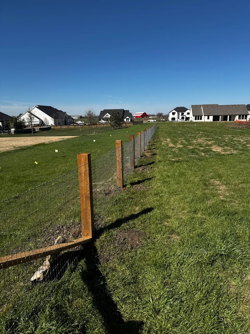 Newly set wood posts and wire fence along a large property