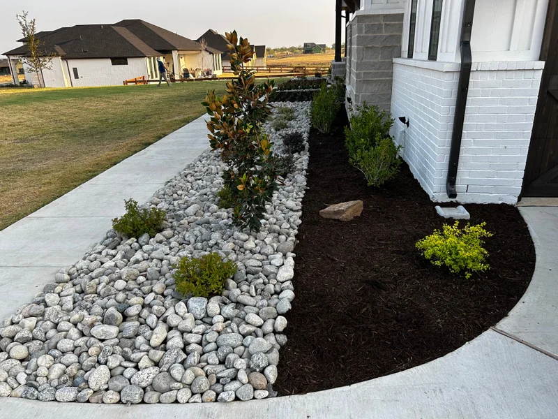 River-rock landscape bed with young plantings beside a concrete walkway