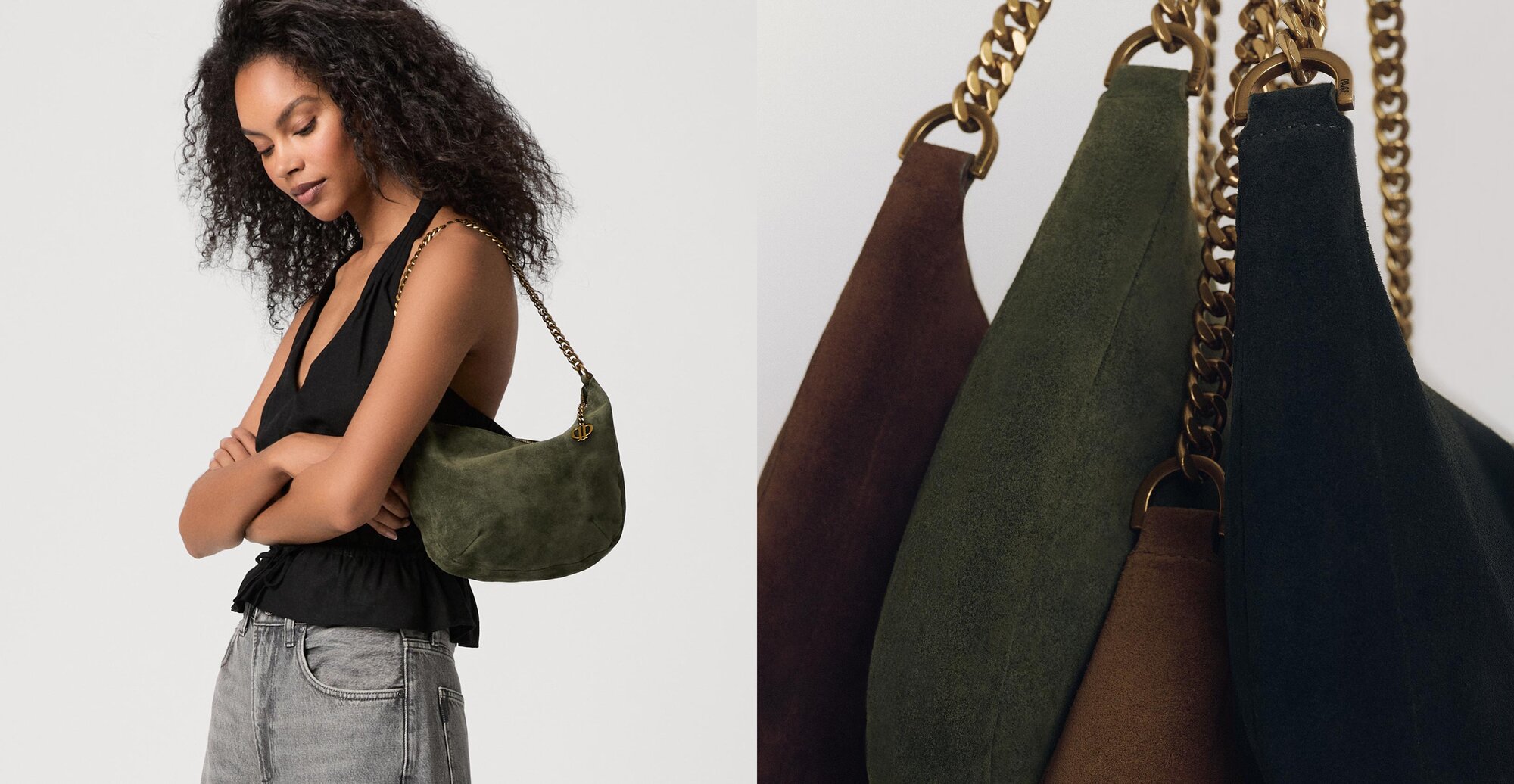 Side by side images: On the left an image of a woman carrying a birch green suede soft structured handbag with a black tank and grey denim jeans - on the right a detail shot of the new handbag collection featuring brown, birch, tobacco and black suede with gold metal hardware and chain detail.