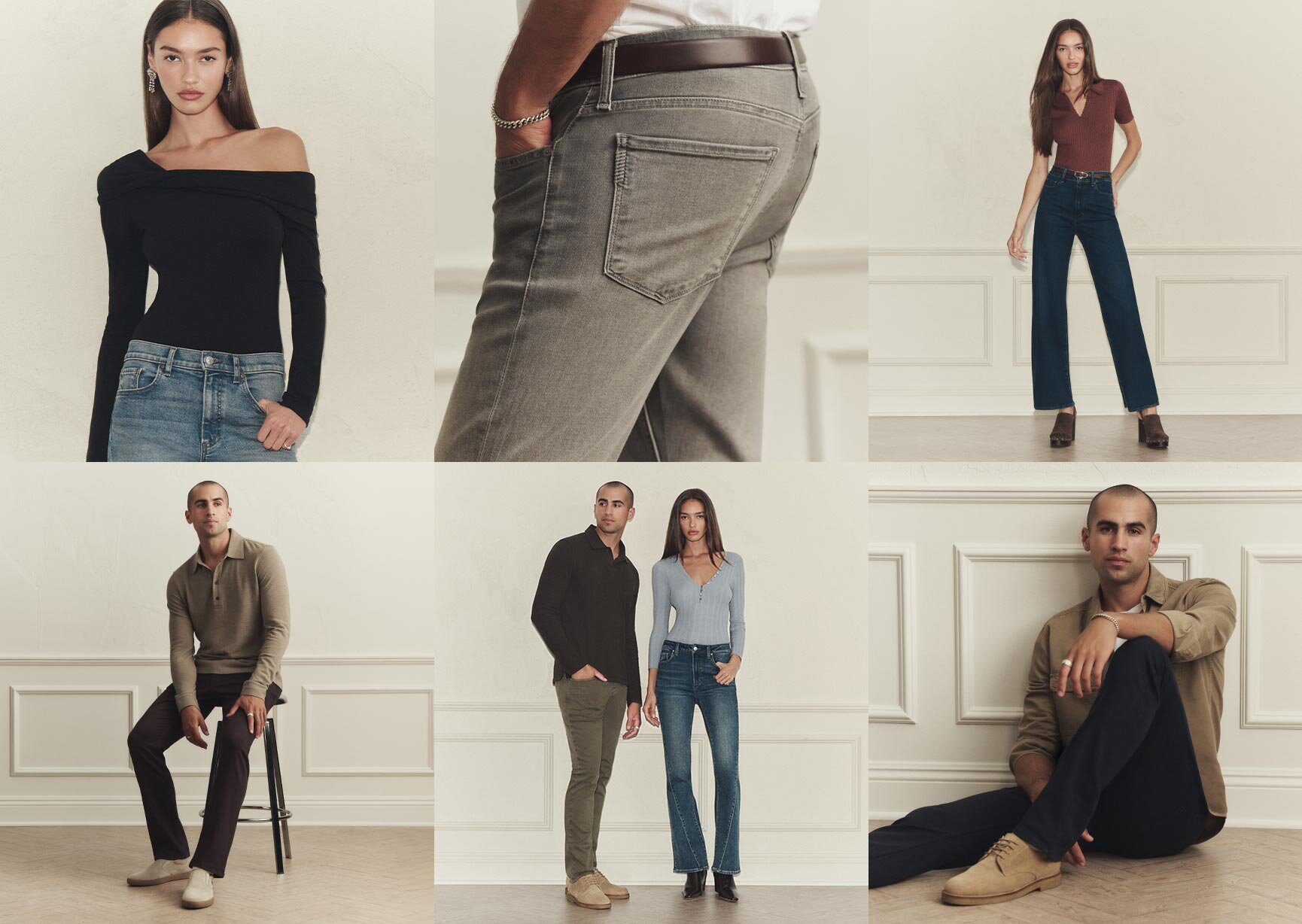 Collage of men and women wearing PAIGE clothing featuring iconic denim, shirting, tees and accessories.