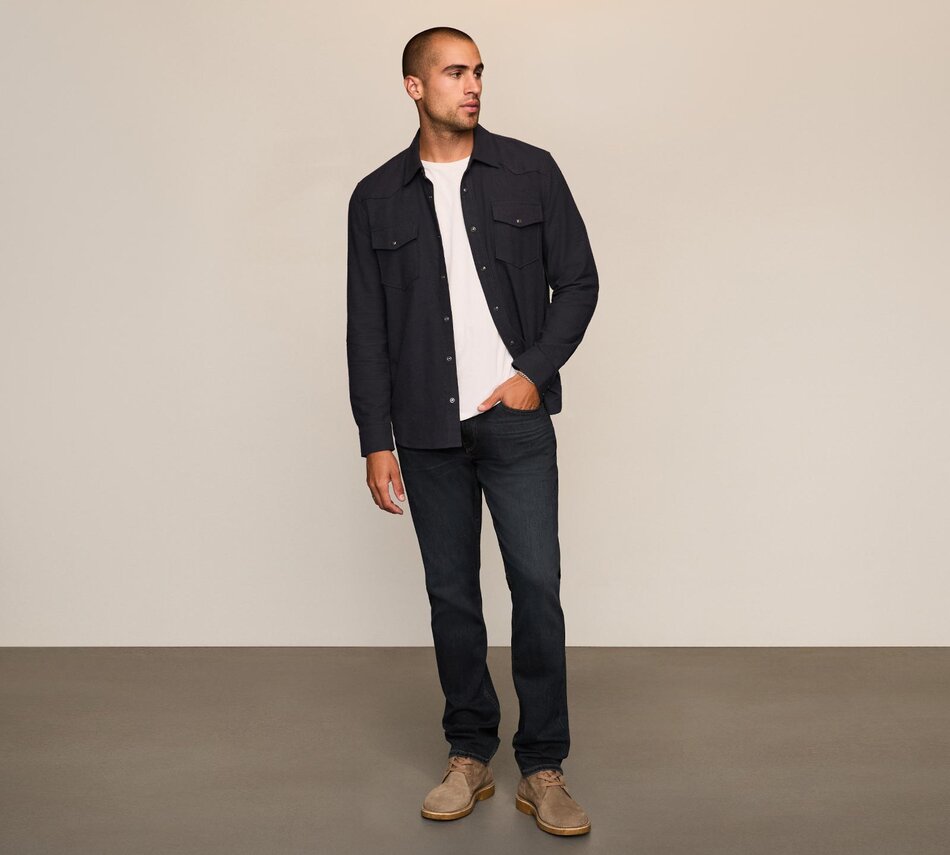 Man wearing a navy blue shirt over a white tee, dark wash jeans, and grey boots