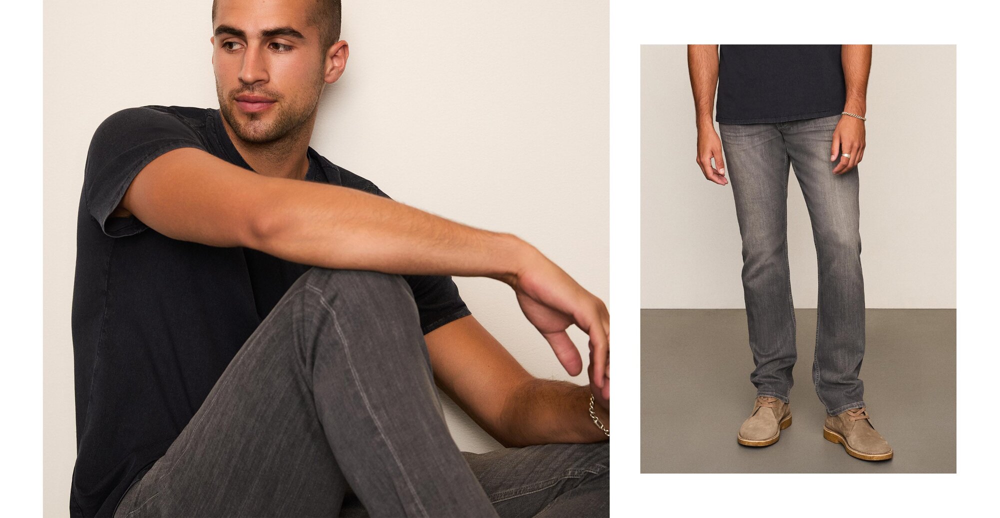 Man wearing a black tee, grey wash jeans and taupe boots