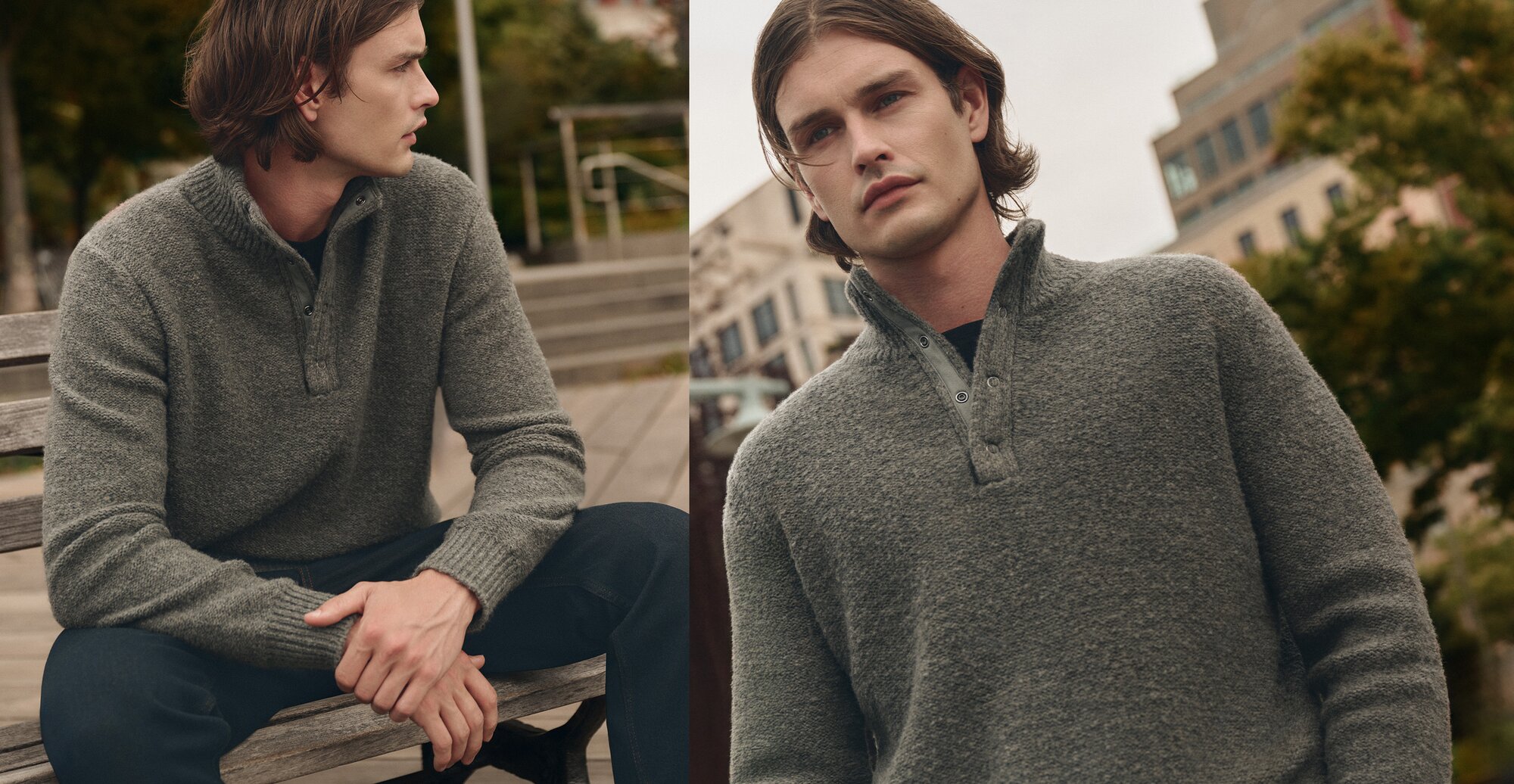 Man wearing a grey snap collar sweater over a black t-shirt and dark wash jeans