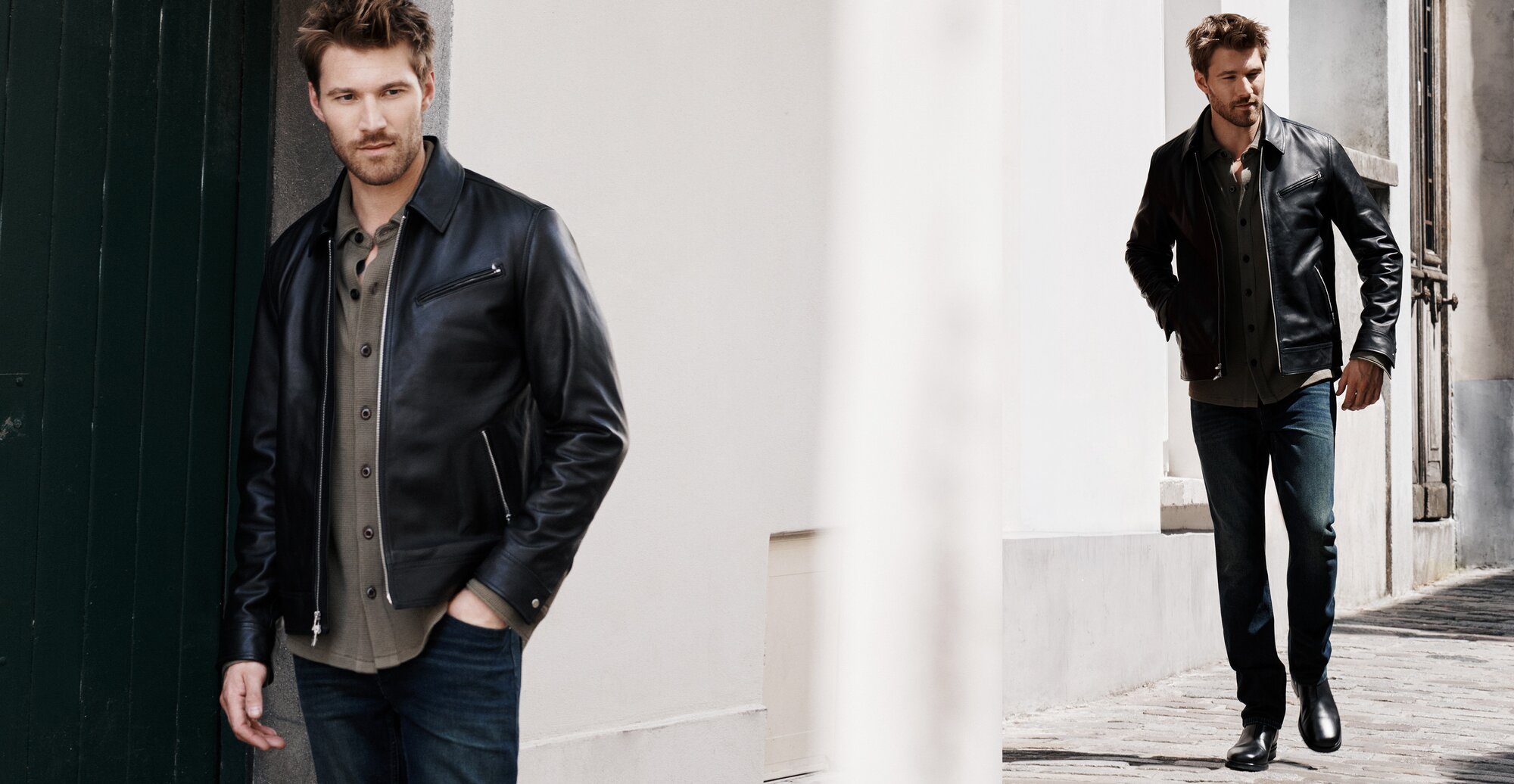 Man wears a black leather moto jacket over a muted green button up and dark wash jeans with black leather boots as he walks the streets of Paris.