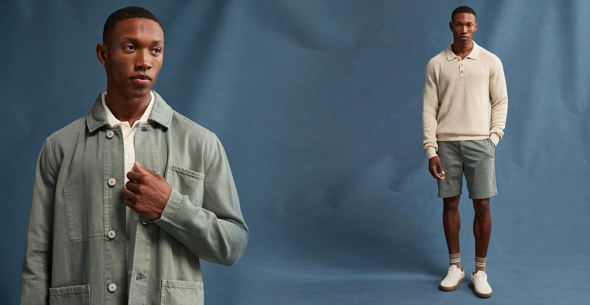 Man wearing a cream sweater polo, green shorts and bone sneakers, man wearing a green jacket over an ivory polo