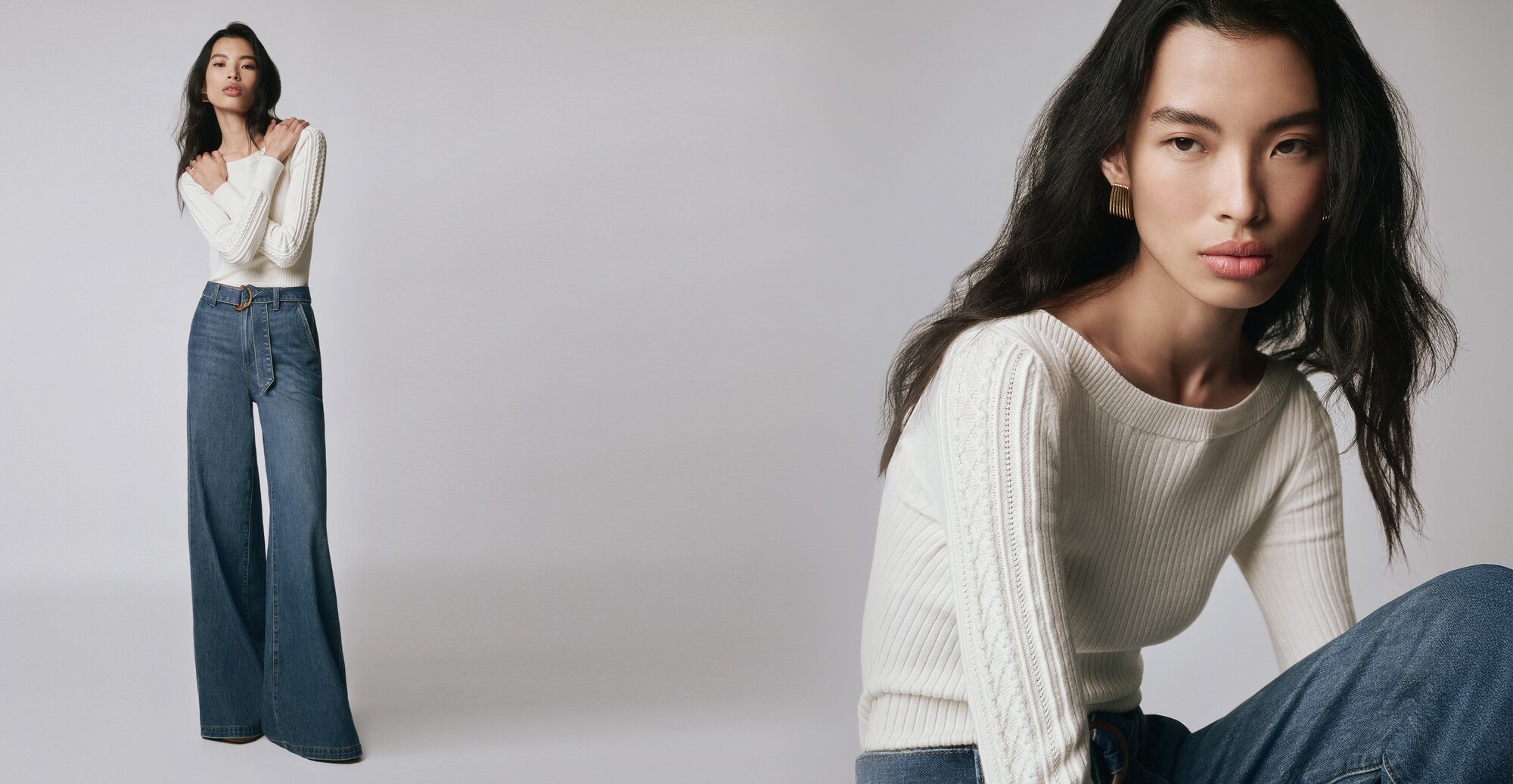 Woman wearing an ivory sweater with belted medium wash wide leg jeans