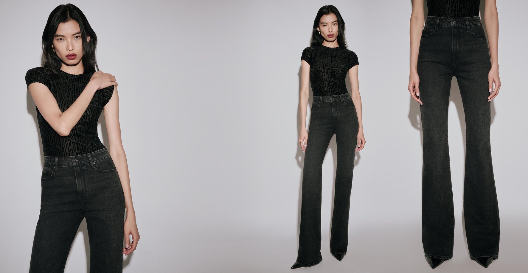 Woman wearing a black velvet leopard printed tee with black flare jeans and black pumps