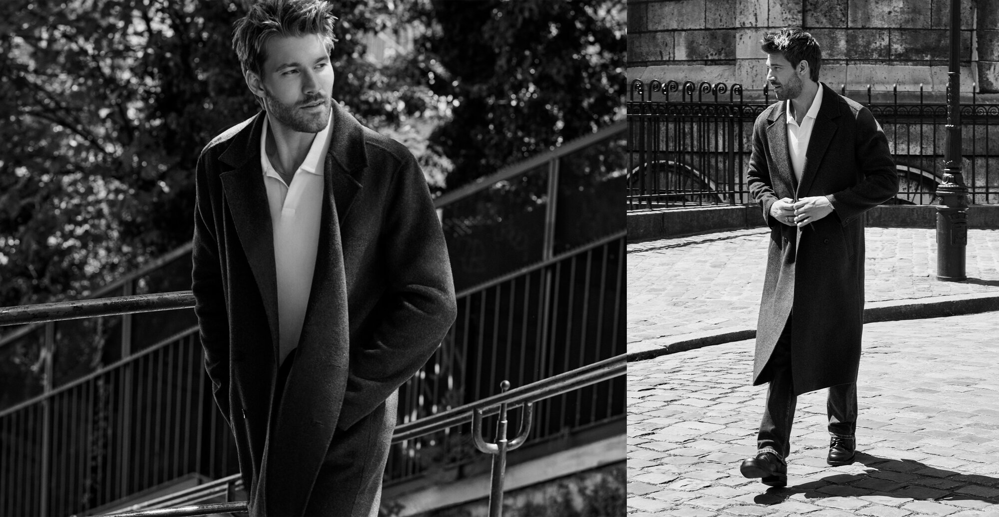 Male model wearing a dark tailored coat layered over a light sweater and trousers from the PAIGE men's fall collection.