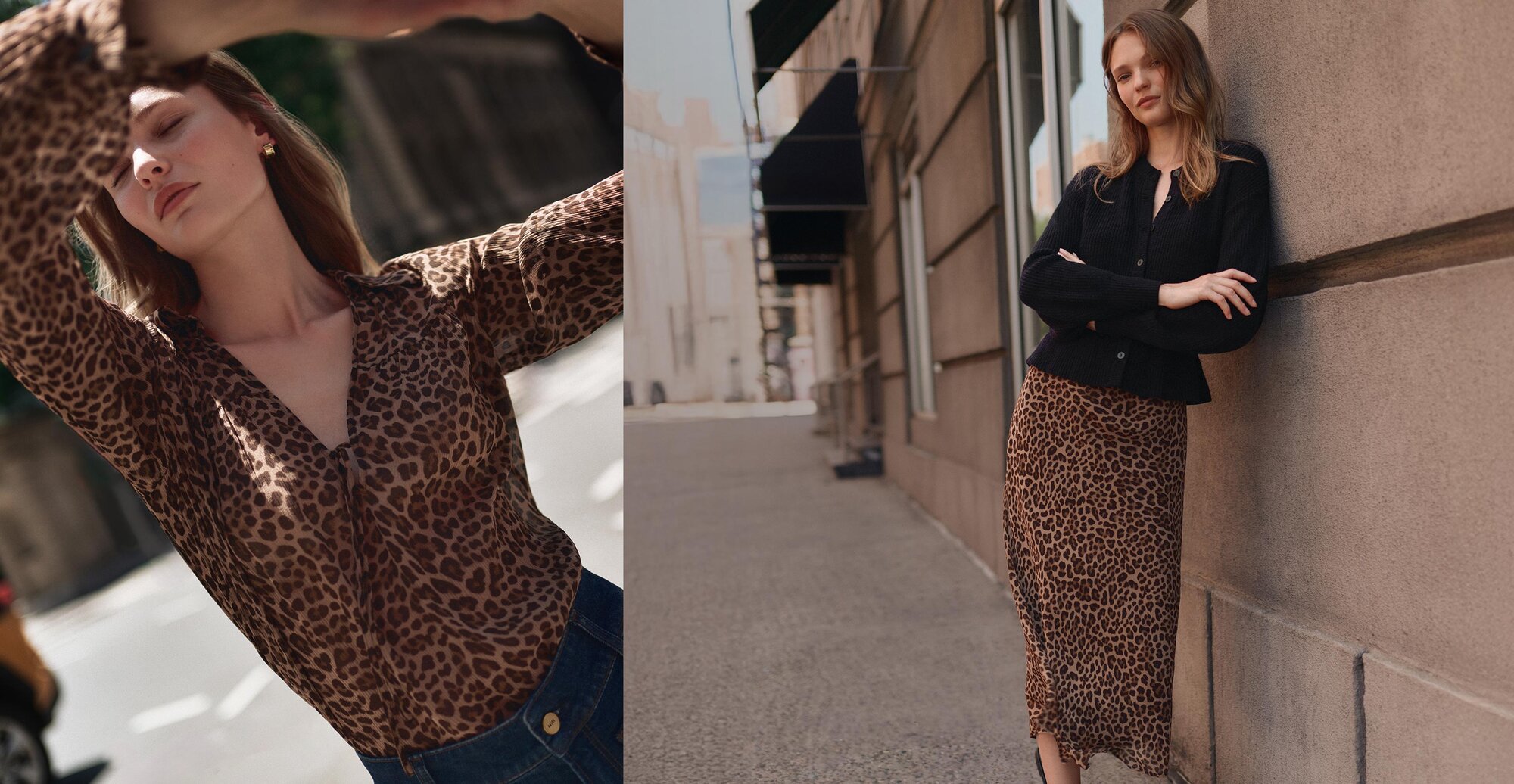 Woman wearing a long sleeve leopard print blouse with dark wash jeans; woman wearing a leopard printed midi skirt with a black cardigan