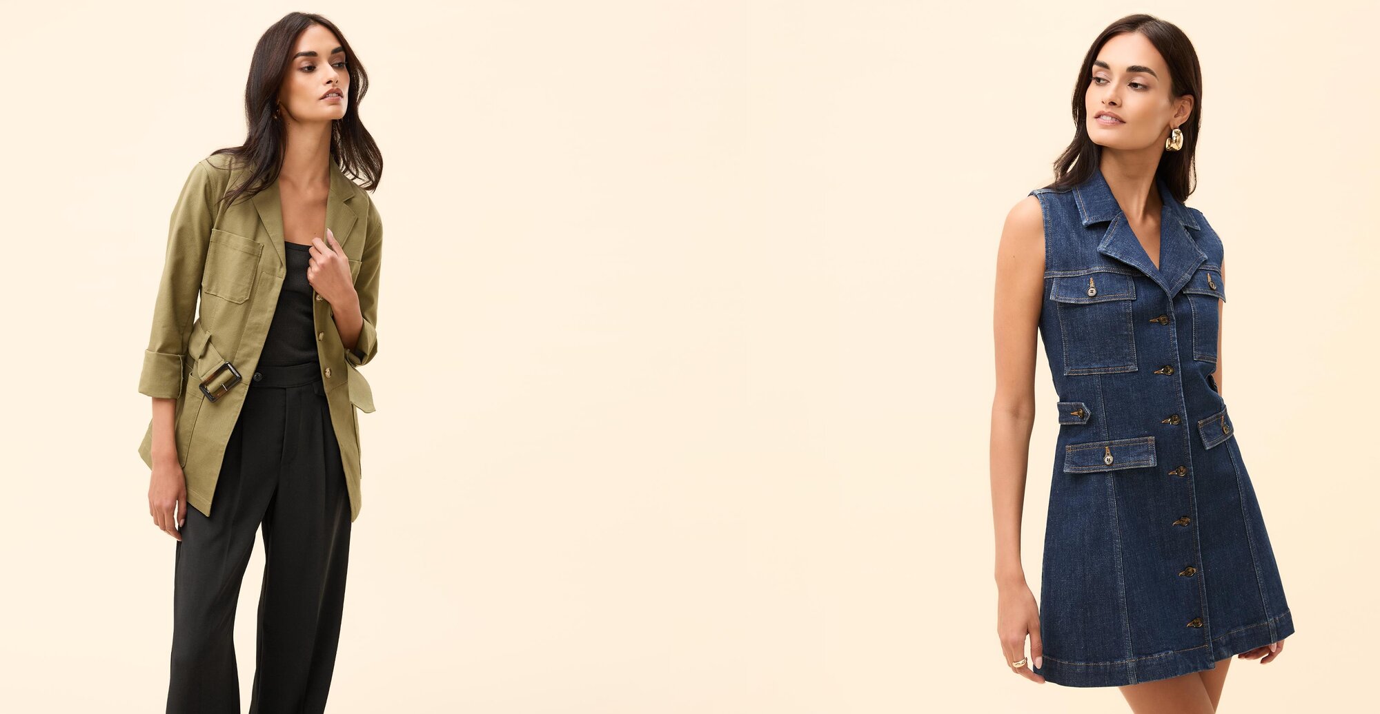 Woman wearing an army green jacket, black tank top and black pants, woman wearing a dark wash denim dress