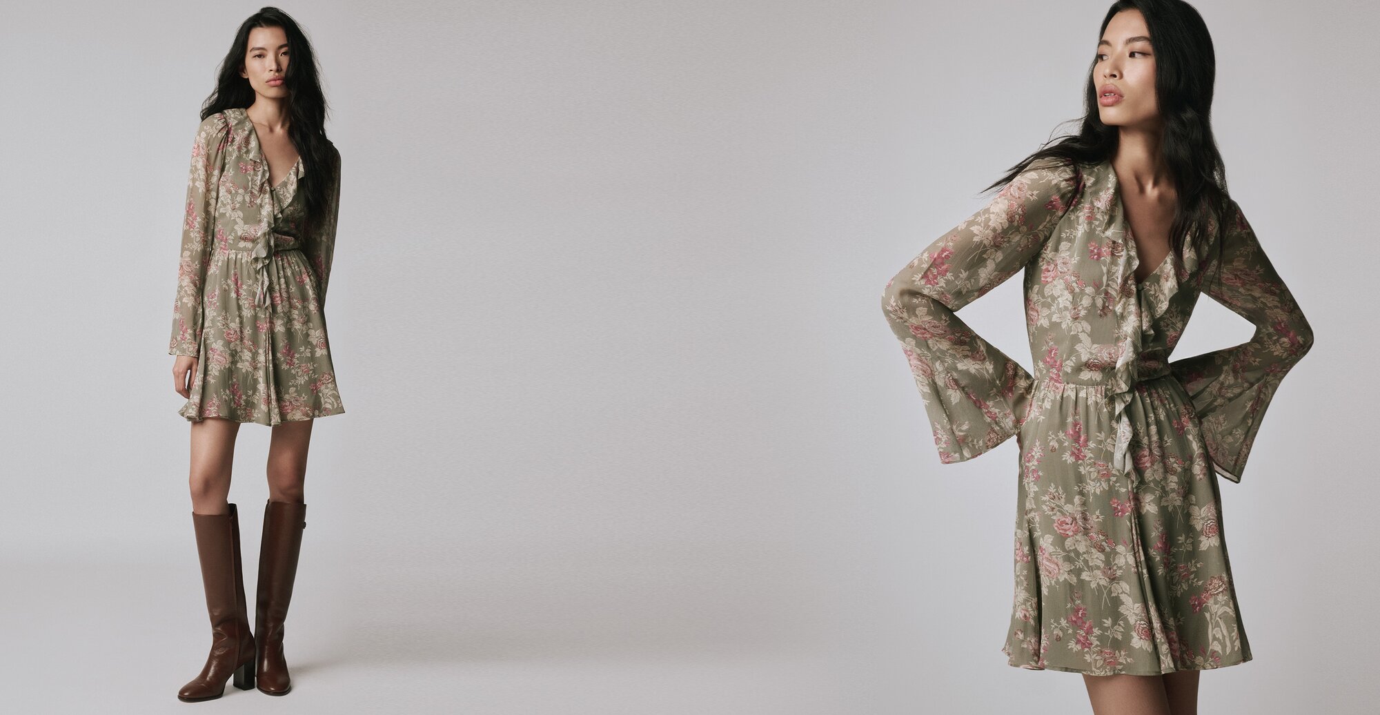 Woman wearing a green long sleeve floral mini dress with tall auburn boots