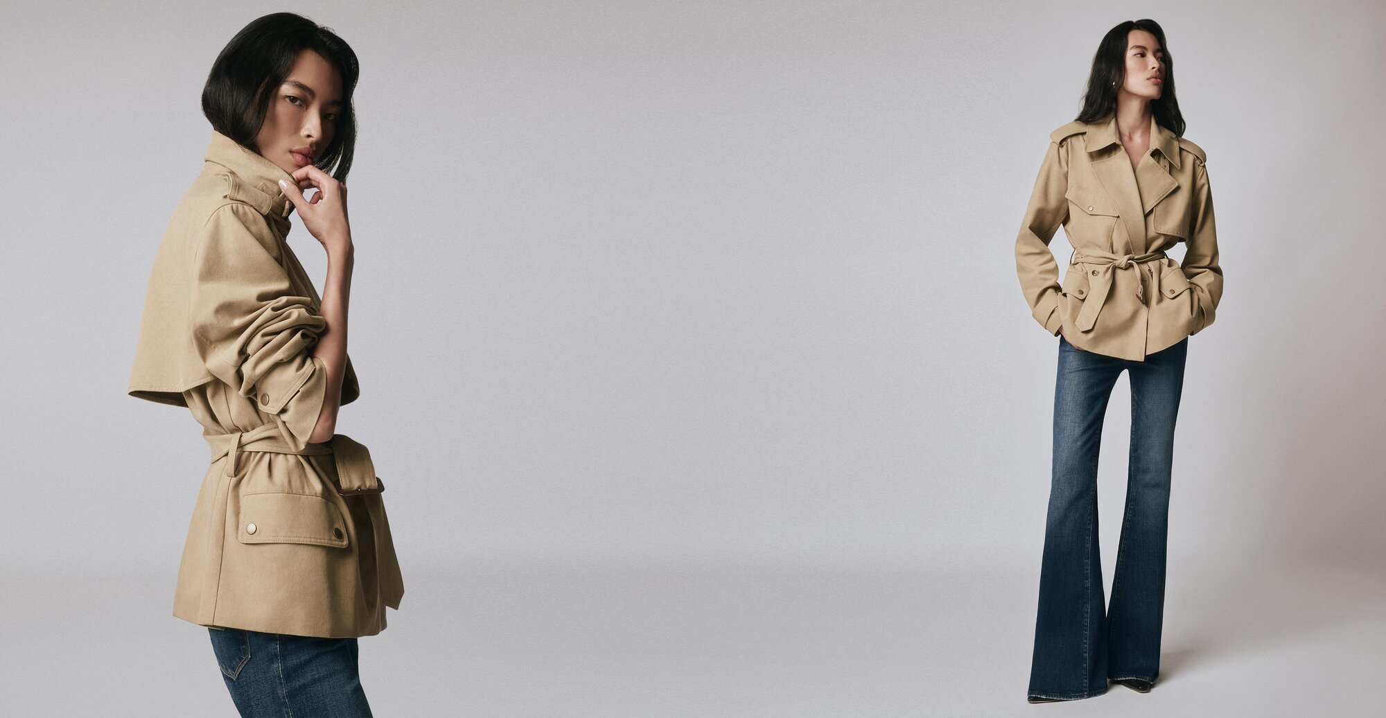 Woman wearing a khaki jacket with dark wash flare jeans and black boots