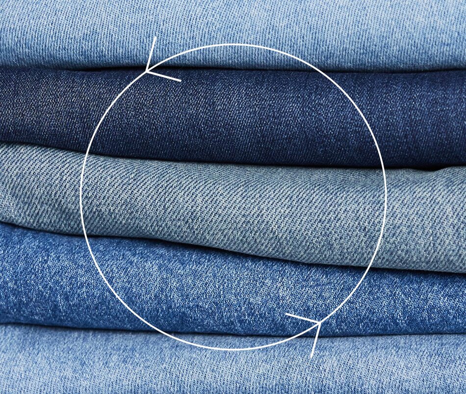 Sustainability logo over a stack of denim jeans