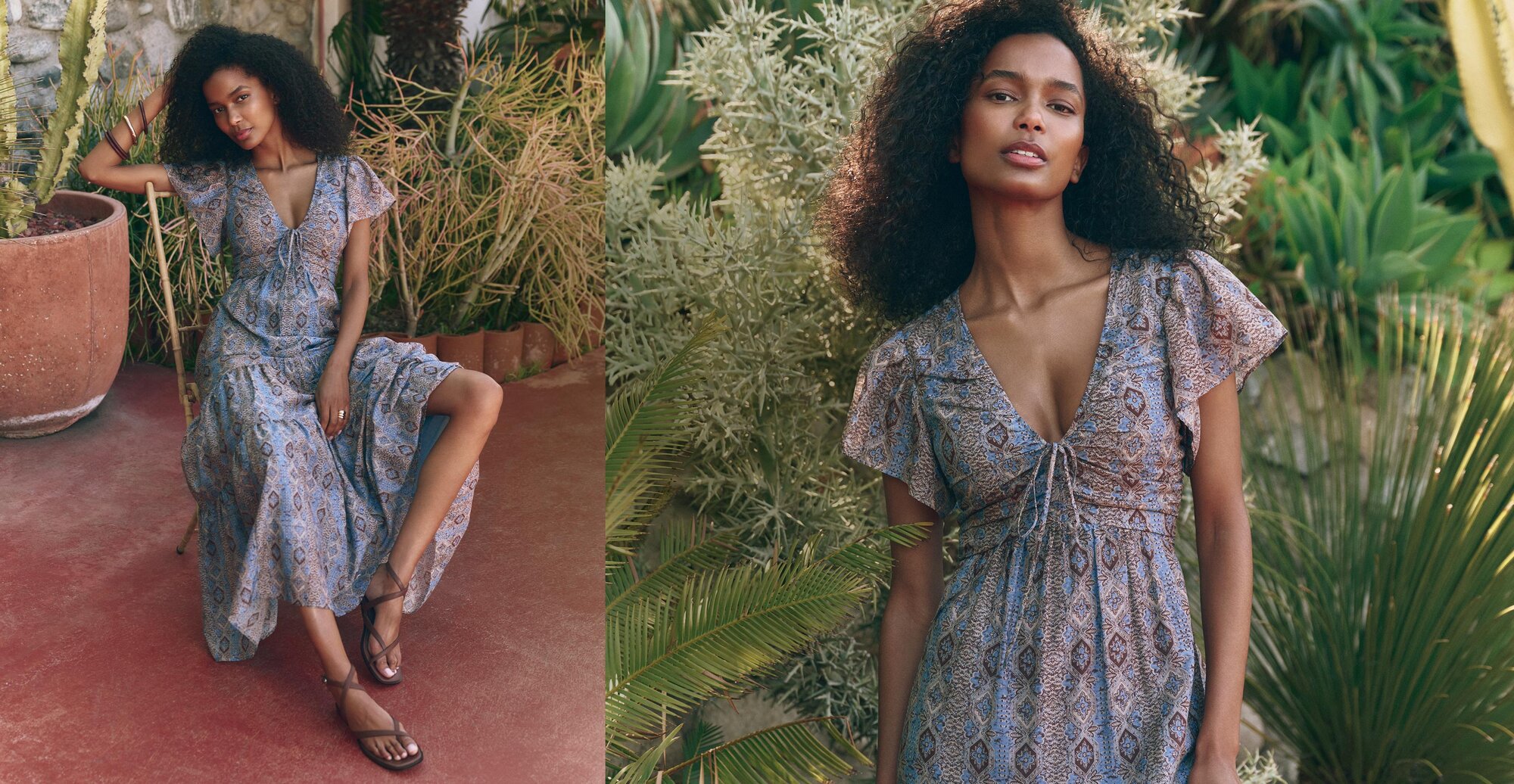 Woman wearing a long flowy blue printed dress and brown sandals