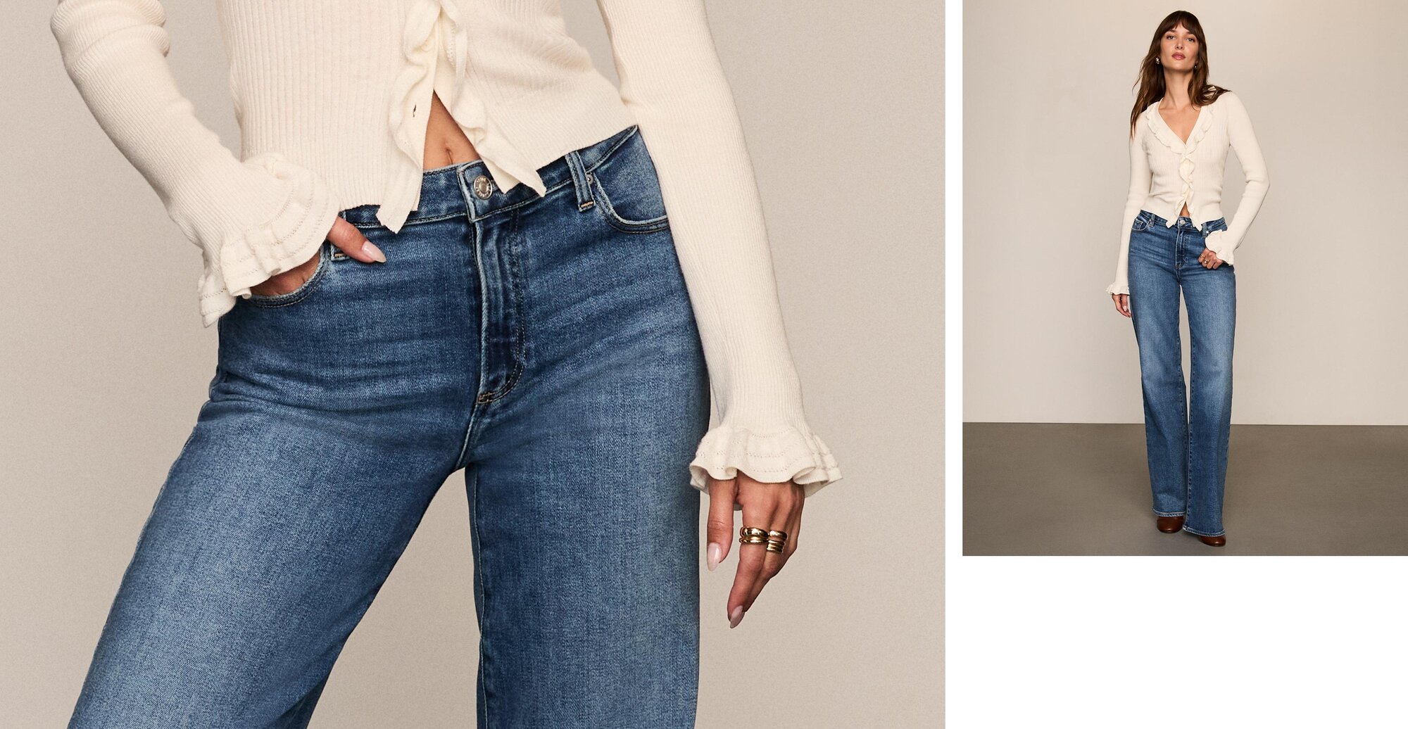 Woman wearing a white knit cardigan, medium blue wash jeans, and brown leather shoes