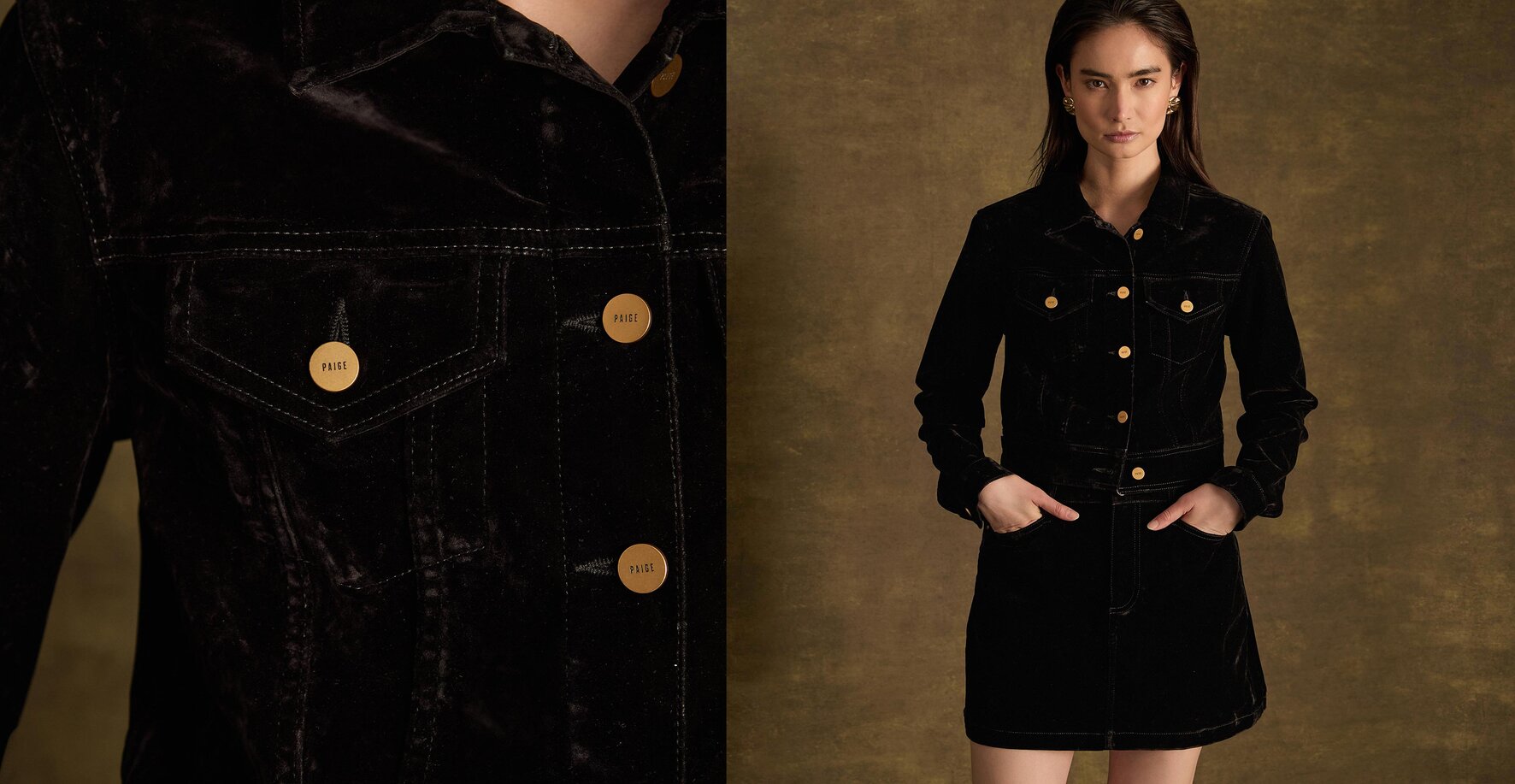 Woman wearing a matching black velvet denim jacket and mini skirt set