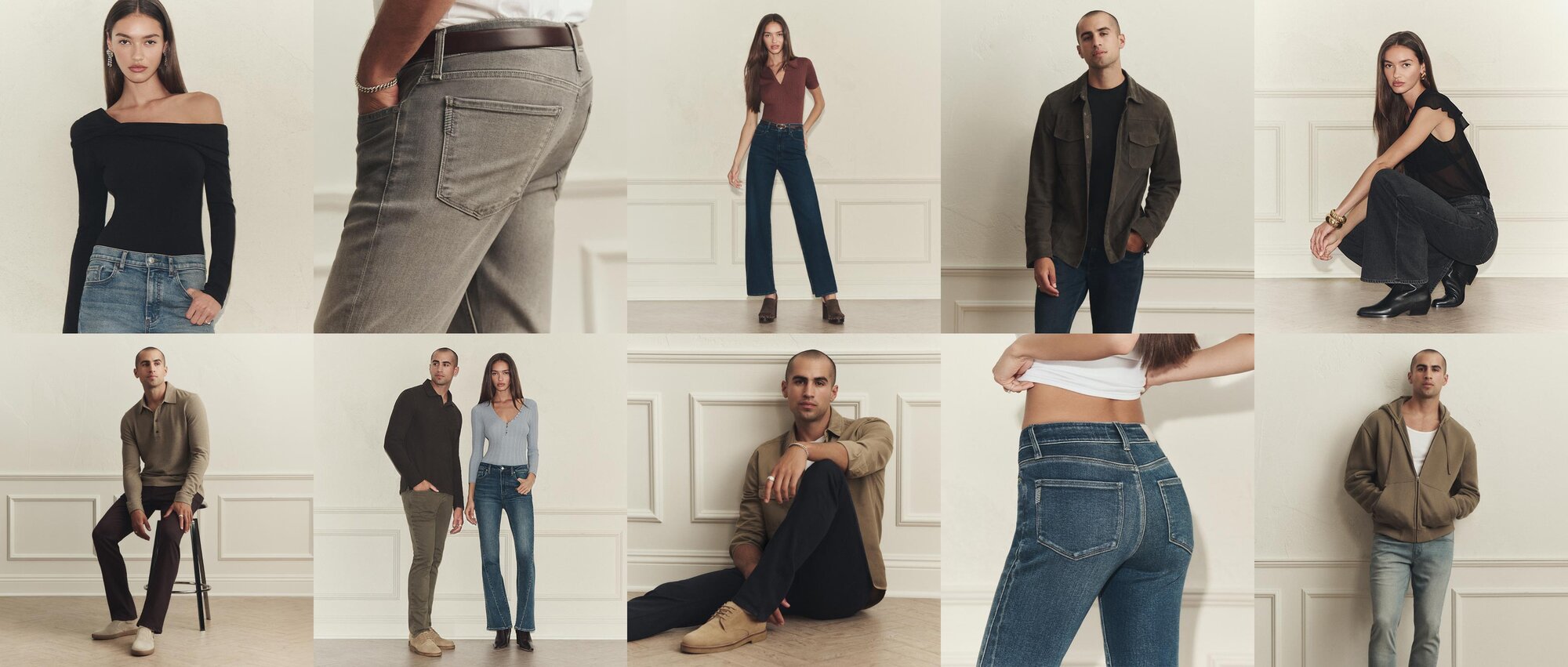 Collage of men and women wearing PAIGE clothing featuring iconic denim, shirting, tees and accessories.