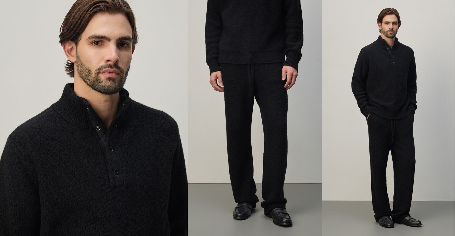 Man wearing a black snap collar sweater with black sweater pants and black loafers