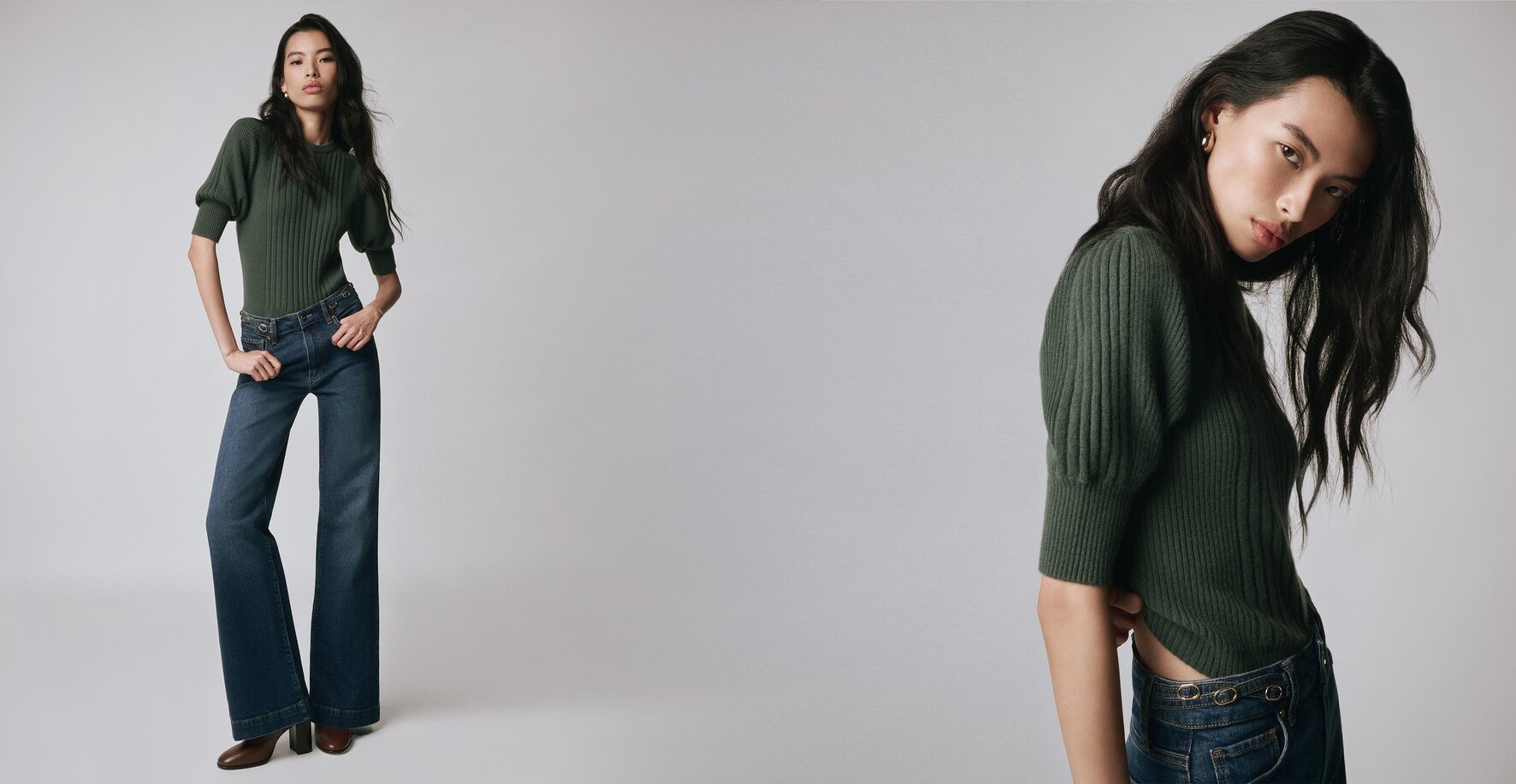 Woman wearing a green puff sleeve sweater top with dark wash wide leg jeans and auburn boots