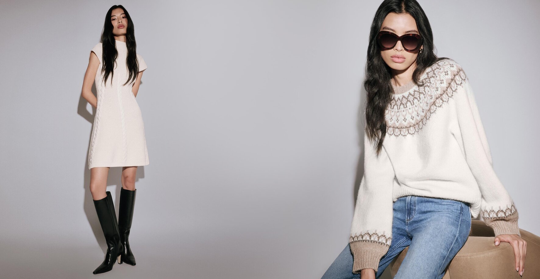 Woman wearing a cream sweater knit dress and tall black boots & woman wearing an ivory fair isle sweater with light wash jeans, oversized sunnies & auburn mules