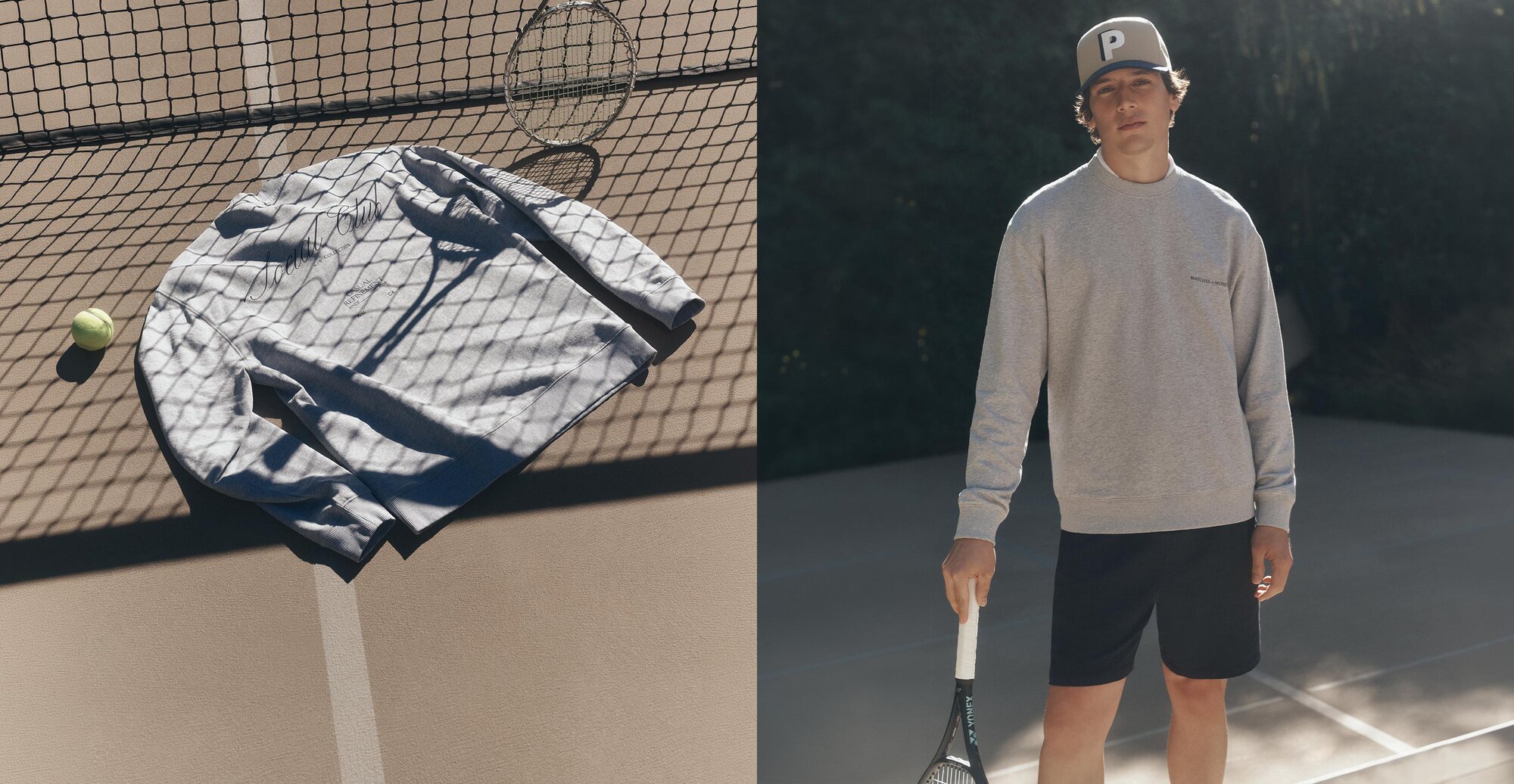 Collage of an image of a grey graphic long sleeve pullover laying next to a tennis racket and ball on a court, and a second image of a man wearing the same grey pullover with a pair of navy shorts and a cap decorated with the letter P, posed on the tennis court with a racket in hand.
