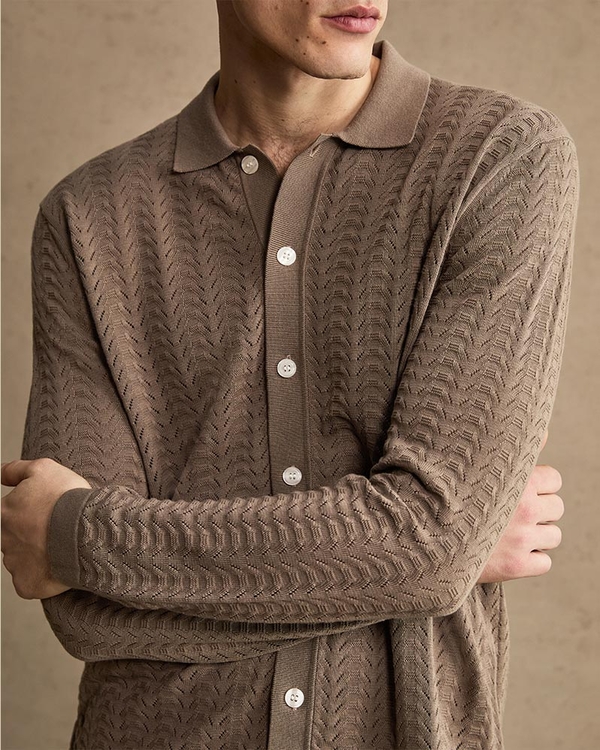 Man wearing a brown button-up sweater knit shirt