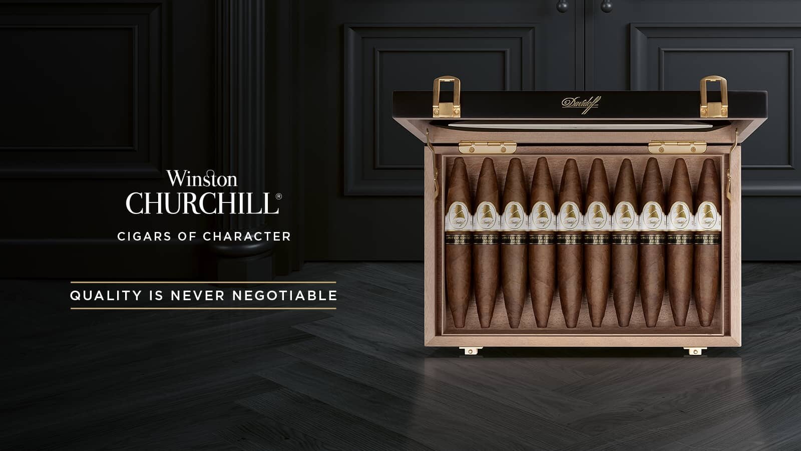 A luxurious wooden cigar box filled with premium Winston Churchill cigars, with elegant branding and a stylish dark background.