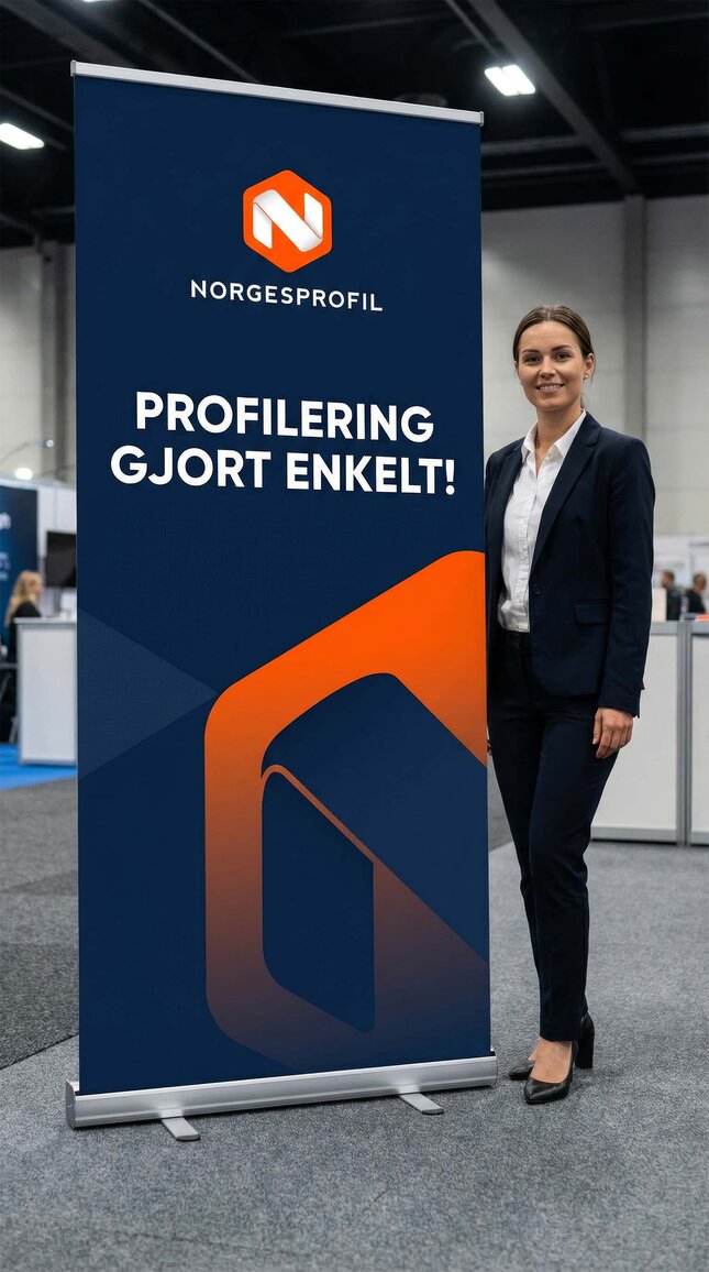 Roll-up messebanner med Norgesprofil-logo og budskapet «Profilering gjort enkelt» – profesjonell messestand og profilering til bedrift