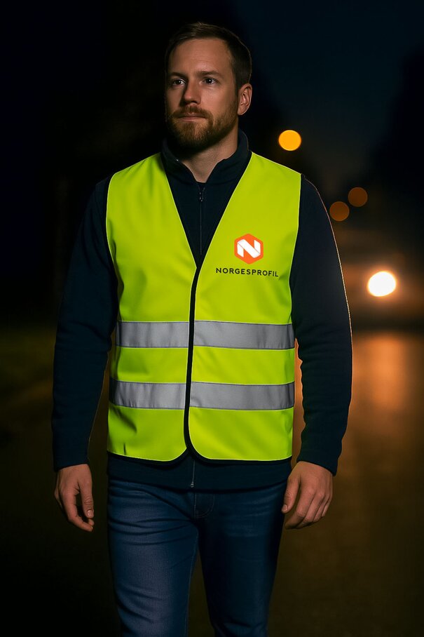 Mann iført gul refleksvest med logo fra Norgesprofil, fotografert i mørket. Øker synlighet og sikkerhet i trafikken.