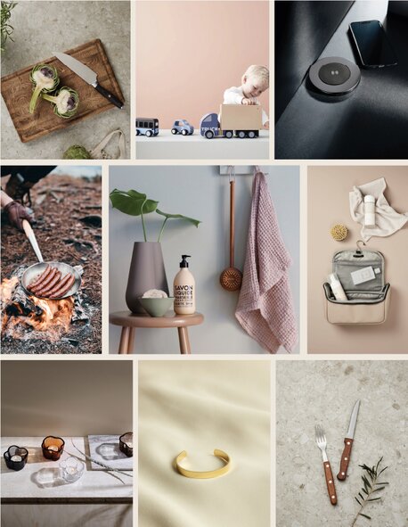 Collage av Vinga-produkter til matlaging, interiør og personlig tilbehør, inkludert kjøkkenutstyr og trådløs lader.