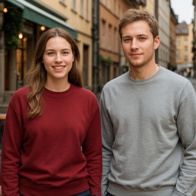 To personer iført Clique Classic Collegegenser i rød og grå – et klassisk plagg til arbeid og fritid. 