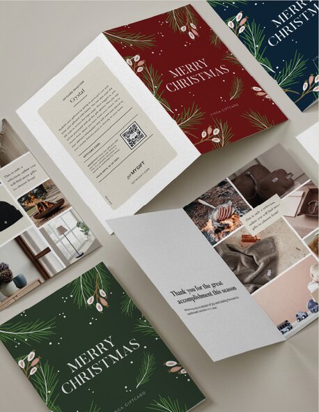 «Flere Vinga-gavekort i ulike farger og design med jule-motiv.