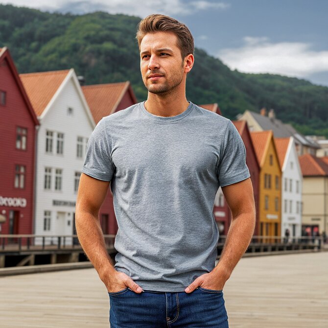 Mann iført grå Tracker Original T-skjorte foran Bryggen i Bergen – en klassisk t-skjorte i høy kvalitet, perfekt til profilering.