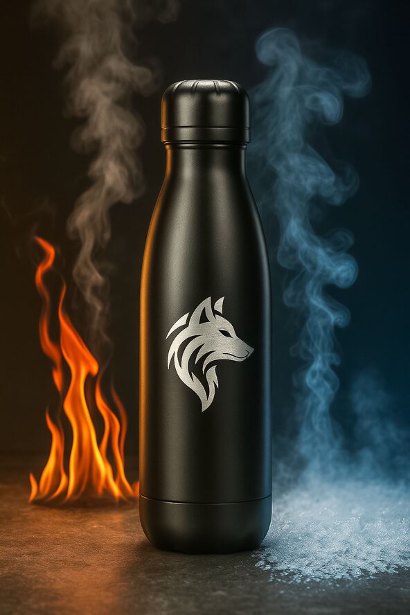 Sort termoflaske med ulve-logo, vist med flammer og røyk for å illustrere varme og kulde. Perfekt for både varm og kald drikke.