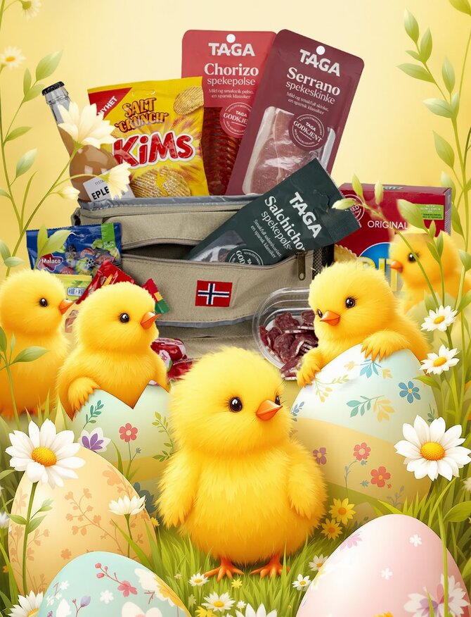 Søte påskekyllinger viser frem en taske fylt av fristende matvarer.