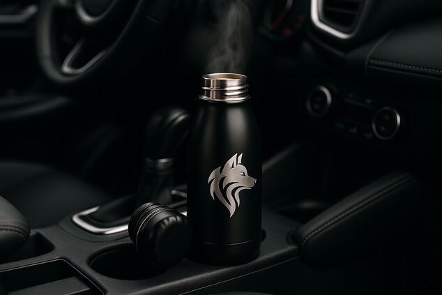 Sort termoflaske med ulve-logo i bilens koppholder, med varm damp synlig. Holder kaffen varm på farten.