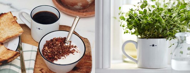 Collage av hvite Lexington-kopper: én fylt med frokostblanding og kaffe, og én brukt som urtepotte på kjøkkenbenken.