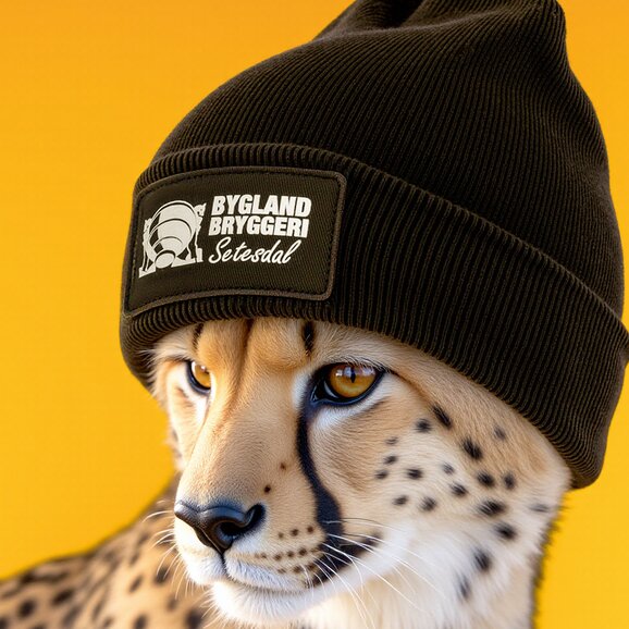 Gepard iført svart ribbestrikket lue med patch med trykket logo. Unike profileringsluer med firmalogo.