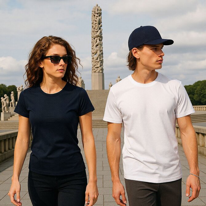 To modeller iført Clique Premium-T i Oslo – moderne t-skjorter i høy kvalitet, ideelle til profilering og arbeidstøy.