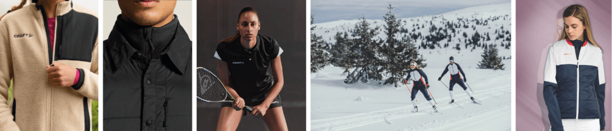 Collage av fem Craft-produkter: fleecejakke, svart jakke, tennisantrekk og skiklær.