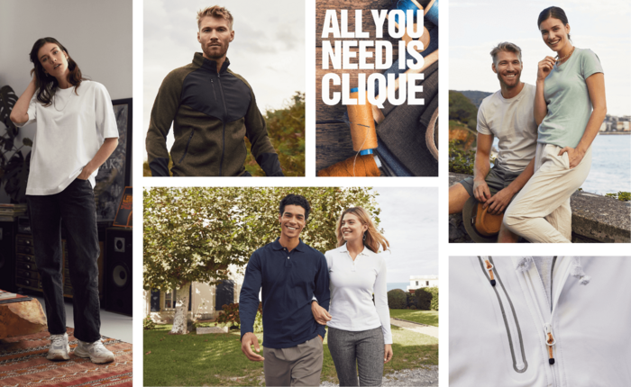 Collage av flere Clique-plagg: modeller i T-skjorter, jakker og gensere, samt nærbilder av detaljer og tekst ‘All you need is Clique’.