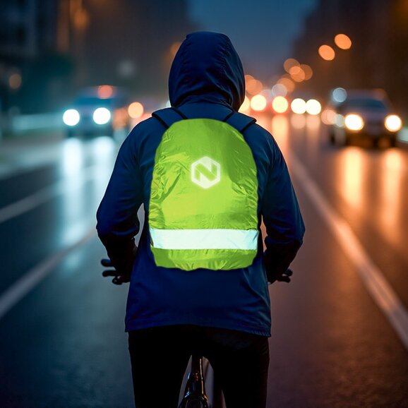 Person som sykler i mørket med et reflekstrekk på sekken for økt synlighet. Bakgrunnen er mørk, og refleksen lyser opp når den treffes av lys. Perfekt som sikkerhetsprodukt og profilartikkel for merkevareeksponering.