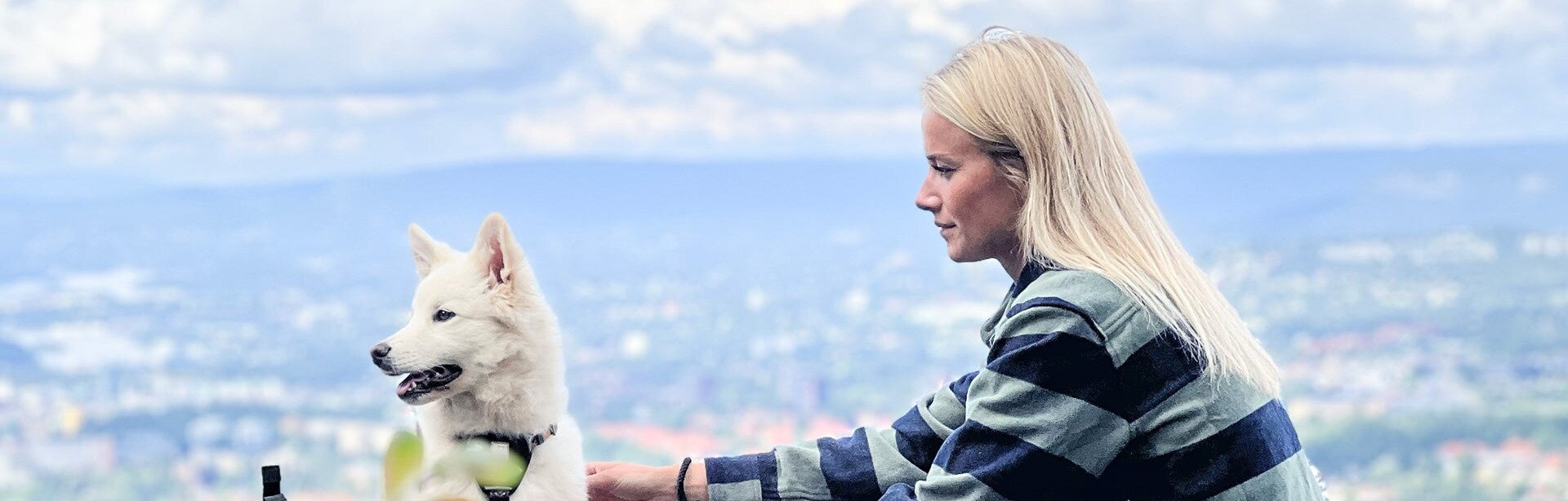 Kvinne sitter på en fjellknaus med hunden sin og ser utover landskapet.