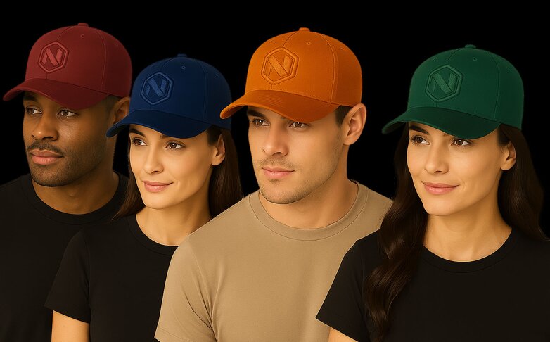 Fire personer iført Flexfit caps i burgunder, marine, oransje og grønn – moderne og allsidige profilcaps. 