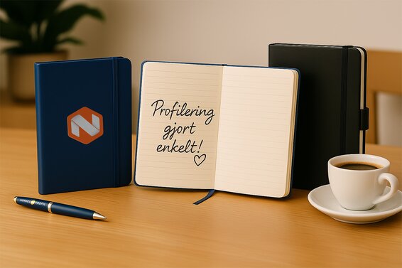 A5-notatbøker med logo og tekst “Profilering gjort enkelt!” – ideelle som firmagaver og kontorartikler.
