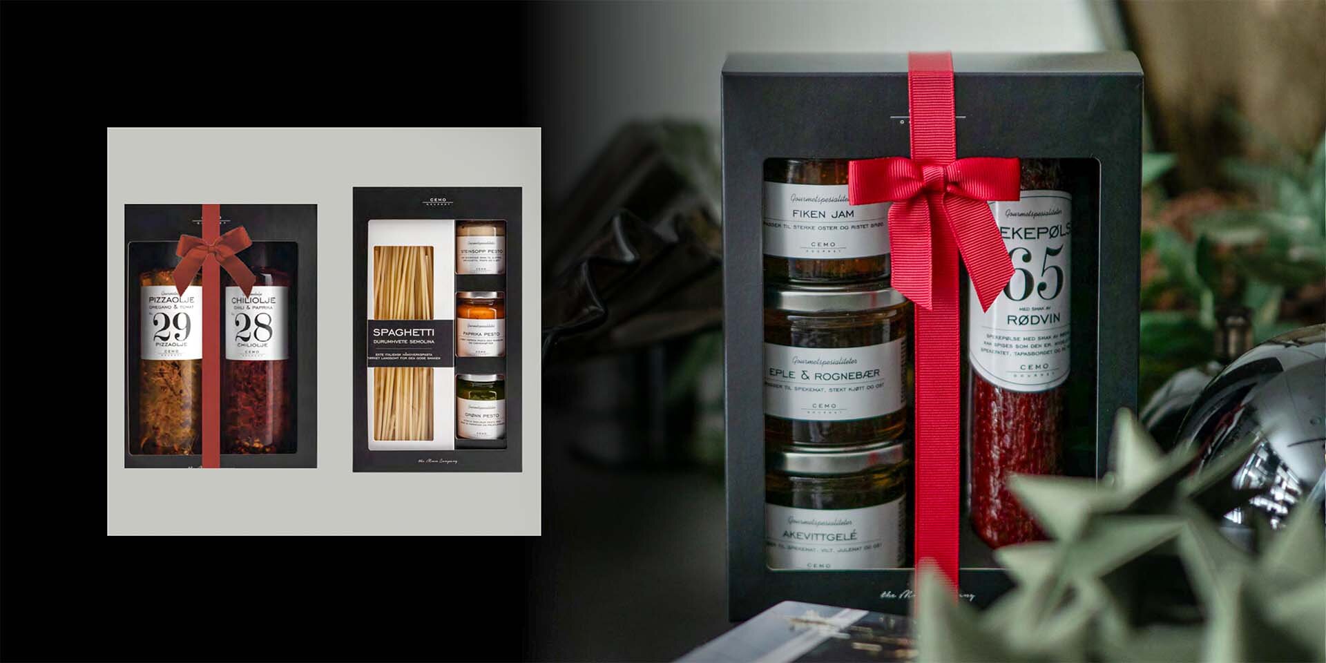 Matgaver – Cemo gourmet gaveesker med spekepølse, oljer, pesto og delikatesser i gavepakning